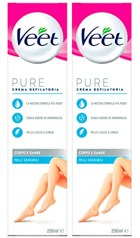 2 x Veet Silky Fresh Enthaarungscreme für empfindliche Haut, Körper und Beine, spendet Feuchtigkeit und Peeling, 2 Flaschen à 200 ml