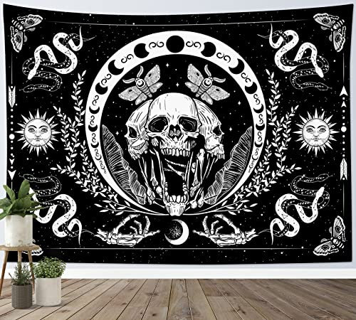 LB Gotischer Schädel Wandteppich Schlange und Motte Wandtuch Schwarz Weiße Mondphase Wandbehang Tarotkarte Sonne und Mond Tapisserie für Wohnzimmer Schlafzimmer Wohnheim Wanddeko,200x150cm