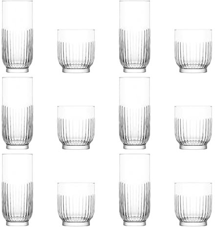 LAV 12pc Clear Tokyo Glassware Set - Mixed Glass Highball Cocktail Gin Glasses and Water Whiskey Drinking Tumblers
