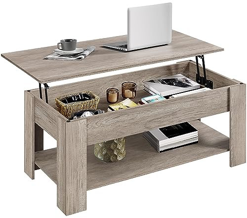 Yaheetech Table Basse Relevable Table de Salon avec Porte-Revues Table de Salle à Manger Industrielle pour Salon Chambre 120 x 59 x 49,5 cm Gris