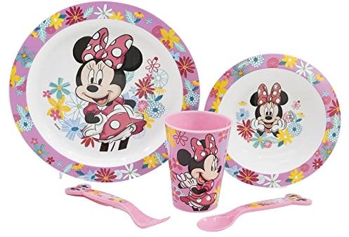 SET DE TABLE POUR ENFANTS 5 PIÈCES. ASSIETTE, BOL, VERRE 260ML ET COUVERTS. SANS BISPHÉNOL A ET COMPATIBLE AVEC LE MICRO-ONDES. | MINNIE MOUSE SPRING LOOK