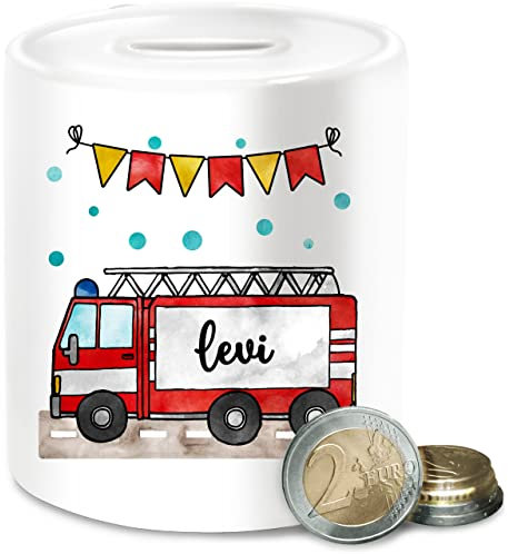 Spardose - Feuerwehrauto Motiv I Leiterwagen Geschenk Feuerwehr I Löschzug - Unisize - Weiß - geldgeschenk feuerwehrmann Junge jugendfeuerwehr Name spartopf Kinder feuerwehrgeschenk