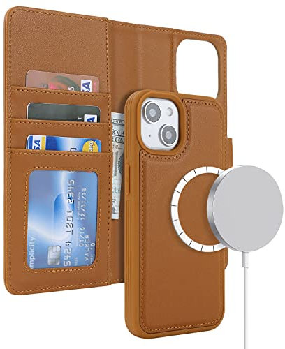 ELTEKER Hülle für iPhone 13/14 Handyhülle [Abnehmbare Magnetische] [Kabelloses Laden Kompatibel] Klapphülle Schutzhülle Lederhülle Braun