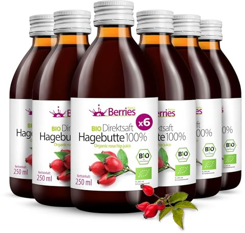 BIO Hagebuttensaft 6er Pack (6x250ml) - BIO purer Hagebutte-Direktsaft - 100% Kaltgepresst Muttersaft - ohne Farbstoffe, ohne Zucker, ohne GMO, ohne Konservierungsstoffe - Vegan - Öko - BerriesPolska®