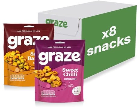 Graze - BBQ and Sweet Chilli Snacks - Healthy Alternative for Crisps, Mixed Nuts & Pretzels -Ideal if You Love Corn, Broad Beans and Corn Hoops Mixed Savoury Vegan Snacks (8x100g pack)