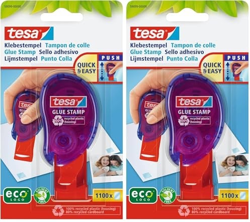 Tesa Timbro Colla - Colla a Timbro per il Fissaggio Permanente di Carta, Foto, Cartone e Appunti - 1.100 Timbri Adesivi - Imballaggio Eco - Compatibile (Confezione da 2)