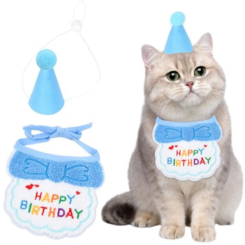 Wisebom 2 Stücke Hunde Geburtstagshut, Haustier Katze Hund Happy Birthday Lätzchen, Katzen Geburtstag Deko, Hund Geburtstag Set, Haustier Kostüme Kopfbedeckung Zubehör (Blau)