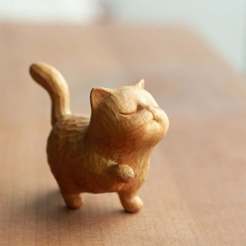 Tiny Cute Wooden Cat, Kleine süße hölzerne Katze, Handgefertigte, aus Holz Geschnitzte Katzen, Holzornamente, Buchsbaum kleine hölzerne Katze Figuren, stolze Kätzchen Ornament (A)