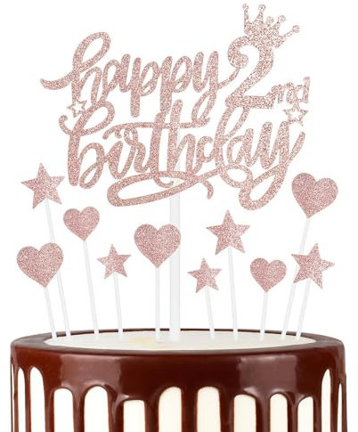 Tortenaufsätze Happy 2nd Birthday, Rotgold und glitzernde Herzsterne, für Mädchen, Kuchendekoration, 11 Stück