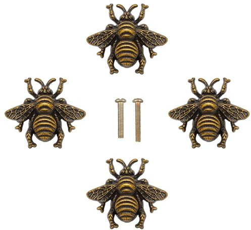 LLDYNW 4pcs Bumble Bee Cabinet Knobs - Insect Drawer Pulls - Animal Single Hole Handles for Dresser & Antique Dresser Bathroom Cabinets (Bronze)