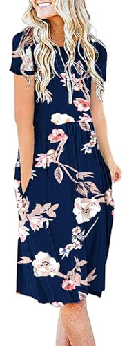 AUSELILY Damen Kleider Sommer Sommerkleider Knielang Kurzarm Empire Freizeitkleid Schicke Shirtkleider mit Taschen