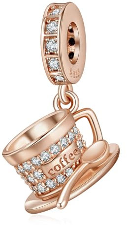Famuan Gioielli Oro Rosa Tazza di Caffè Charm 925 Argento Perline Ciondolo per Donna Fit Bracciali Collana Festa della Mamma San Valentino Compleanno Regali di Natale per Donna Ragazza Famiglia Amici
