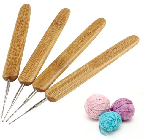 FERCAISH 4 Stück Dreadlocks Häkelnadel mit Bambusgriffen, Edelstahl Dreadlock Nadel Set, Bambus Weben Häkeln, Sperre Häkeln Dreadlocks Werkzeug für Geflecht Handwerk (0,5mm + 0,75mm)