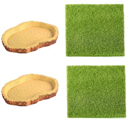 2Pcs Turtle Feeding Bowl, 2Pcs Simulated Turf Small Turtle Bowl, Reptile Feeding Bowl, Imitation Bark Feeding Bowl, Water Basin, Turtle Feeding Accessories