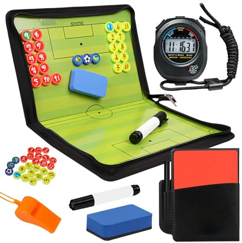 BORDEAG Taktiktafel Fußball, Fußball Klappbar Trainermappe, Fußball Taktiktafel Mit Schachfiguren, Stoppuhr Timer, Pfeifen, Stifte Und Radiergummi, Taktikmappe Fussball Für Die Schulung Spielanalyse