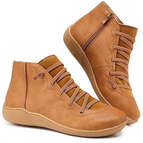 Nbzsmlkn Botines Mujer Vintage Retro Ancho Con Soporte De Arco Ortopédico, Botines Planos De Tacón Bajo Con Cordones Y Cremallera Lateral A La Moda, Marrón, 40 EU