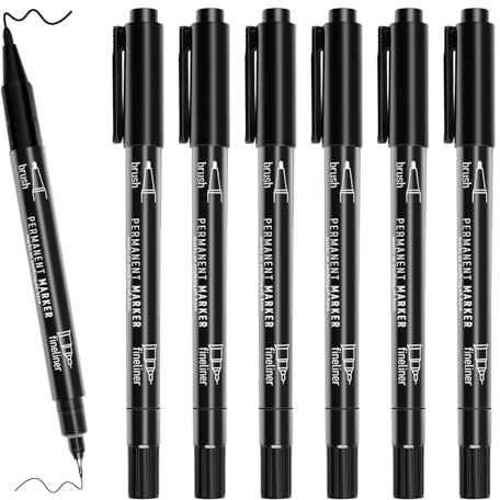 newatty 6 Permanent Marker, Filzstifte mit Feiner Spitze Schwarz Doppelspitze Wasserfest Permanent Marker Dünn Set Wasserfester Stift Schwarz zum Zeichnen Markieren für Glas Stein Holz