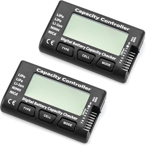 QWORK RC Battery Capacity Checker 2–7S LiPo Li‑ion NiMH – 2 Pack, Multi‑Mode Voltage Display for Drone, RC Car & Airplane