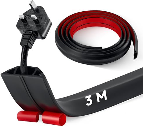 CREWORKS 3 m Floor Cord Cover, 3 Channel Cable Cover with Self-Adhesive Baking, Extension Cord Cable Protector, Flexible PVC Duct Wire Cable Management for Homes Offices Garages, Black