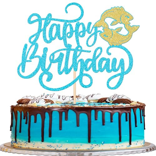 1 Stück Fische Tortendeko Glitter Happy Birthday Cake Topper 12 Sternbild Fische Kuchen Deko für Horoskop Astrologie Geburtstag Party Kuchen Dekoration Blau Gold