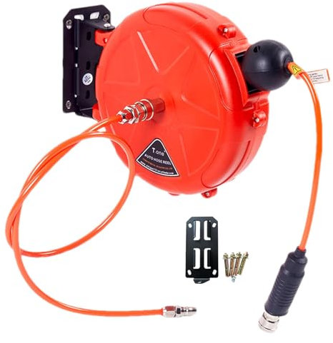 Schlauchtrommel für Luft 10 m | Wandspule mit automatischer Rückführung mit drehbarer Halterung und Schnellkupplung | unverzichtbar für Luftkompressoren für Garage, Werkstatt, Autoreparaturen