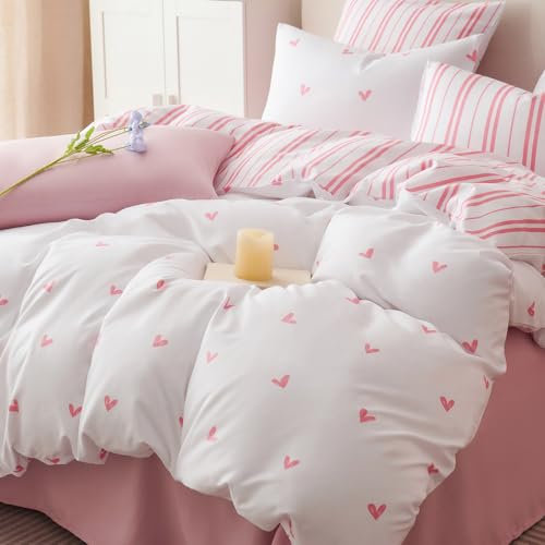 Sedefen Bettwäsche 135x200cm Rosa Weiß Herz Bettwäsche Herzenmuster Streifen Wendebettwäsche Set 2Teilig Weiche Microfaser Mädchen ÖKO-TEX Bettbezug mit Reißverschluss und Kissenbezug 80x80cm
