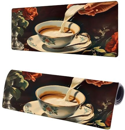Tapis de Souris XXL Café, 800x400x3mm Grand Tapis de Souris Gamer Tasse, Étendu Tapis de Souris à Bords Cousus, sous Main Bureau Mouse Pad avec Base en Caoutchouc antidérapante pour Maison C-0