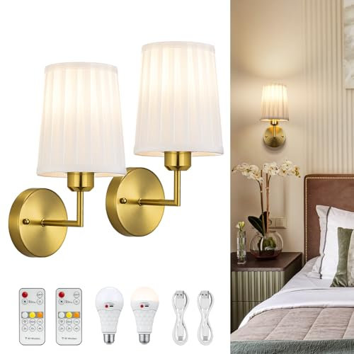 Battery Operated Wall Lights Indoor, Rechargeable Wall Lights Pleated Fabric Wireless Wall Sconces Set of 2 Dimmable with Remote Battery Powered Wall Sconces Wall Lamp for Living Room