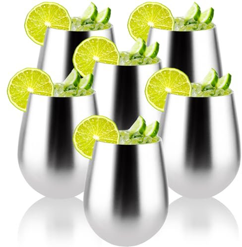 LOPYXBR 6 vasos de vino de acero inoxidable de 530 ml, copas de vino de 18 oz, acero inoxidable sin tallo, vasos de vino plateados para el hogar, restaurante, fiesta, camping