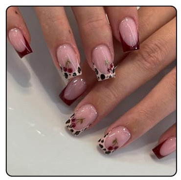 GlimmerStyle 24 Pieces Leopard Cherry Wearable Armour, Press On Nails, Stick-On Artificial Nails, False Nails