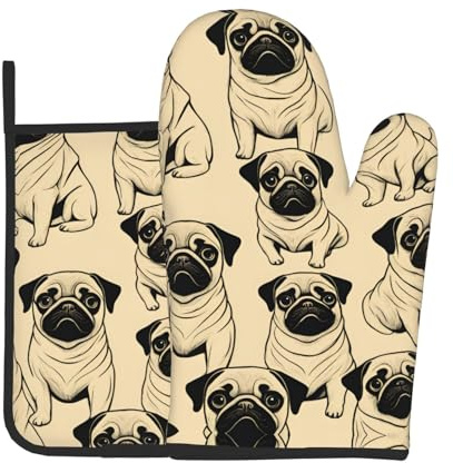 Ofenhandschuh und Topflappen-Set mit niedlichem Mops-Aufdruck, ein Muss für Küche, Backofen, Mikrowelle, Grill