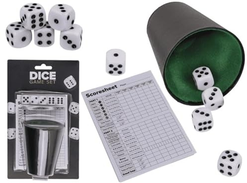 BLUECHOLON Brettspiel mit Pokerwürfeln – Becher + 5 Pokerwürfel + Notizblock zum Mitnehmen von Punktzahlen, innen gefüttert, Brettspiel für Erwachsene – Geschenk – Spielen mit der Familie (Zahlen)