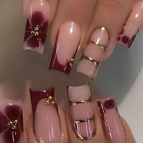 TESGADGETS 24 Stück French Press on Stücke mittellange Sargformen weinrote French Tip Designs mit Blumen-Goldperlen-Wirbel Acryl vollständige Abdeckung wiederverwendbare Klebenägel