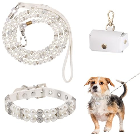 FREEBLOSS Hochzeitshalsband Für Hunde Mit Leine Und Ringtasche Perlenhalsband Und Perlenleine Perfektes Hochzeitsoutfit Für Hunde Party Foto Accessoire