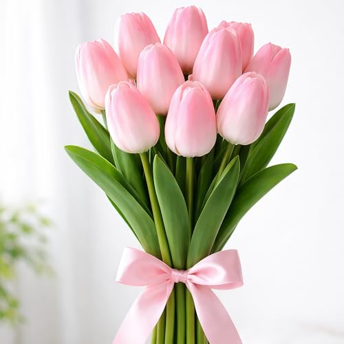MQIAN Künstliche Tulpen, 10 Stück Kunstblumen, Tulpen Künstlich Wie Echt, Artificial Flowers für Hochzeitsdekoration Valentinstag Frühlingsdeko Muttertag Ostern Deko (Rosa)