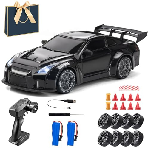 Snrtevu Reality 1:24 RC Drift Car Set, Mini RC Drift Car with LED Lights, 2.4GHz, 20km/h High Speed 4WD, 2 Speed Modes, Racing and Drifting Tires ＆Two Batteries (black)