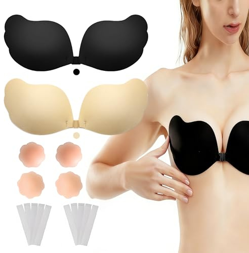 LEBOKJ Set de 2 Sujetador Adhesivo Push Up, Sujetador Autoadhesivo Invisible para Mujeres (Colores de Piel/Negro) - con 4 Almohadillas de pezón y 10 Tiras adherentes para Vestidos sin Espalda