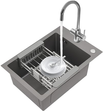 Évier multifonction en inox grande capacité avec panier de vidange - Évier de cuisine à encastrer pour restaurants, cafés et bars (Gris)