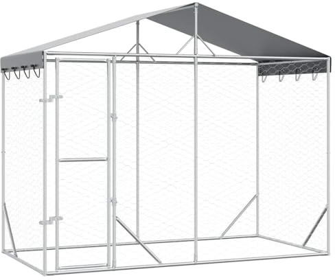 Mhdvray Outdoor Hundezwinger mit Dach 3x1,5x2,5 m Silber verzinkter Stahl XXL Hundegehege wetterfest abschließbare Tür für Garten Camping große Hunde