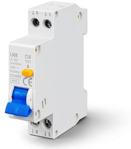 Interrupteur FI/LS, 30mA Disjoncteur Différentiel RCBO AC 230V 16A 1P+N, Disjoncteur à Courant Résiduel Type A Courbe C, Disjoncteur Miniature Montage sur 35mm Rail DIN pour Résidentiel Industriel