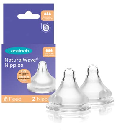 Lansinoh mOmma Nipples Fast-Flow, 2 Count, 100% Silicone, Anti-Colic, BPS and BPA Free, Easy to Clean and Assemble, Microwave and Dishwasher Safe