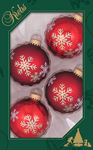 Krebs Glas Lauscha Weihnachtsdekoration/Christbaumschmuck aus Glas - Weihnachtskugeln - Motiv: Rot Schneeflocken - 4 Stück - Größe: ca. 7 cm