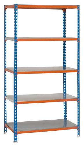 SimonRack Estantería Metálica Almacenaje, Sin tornillos, 5 Baldas, Alta Capacidad Carga 180 kg, 1800x900x300 mm, Estantería Garaje Trastero, Azul/Naranja/Galva