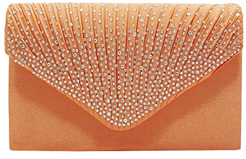 wocharm Womens Ladies Satin Diamante Clutch Bag Envelope Handbag Evening Bridal Bag Wedding Fashion Prom Vintage Shoulder Bags(Orange)