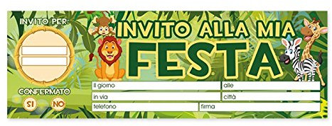 Big Party- Blocchetto 20 Biglietti, Inviti per Festa, Soggetto: Animali Giungla, Multicolore, 62025
