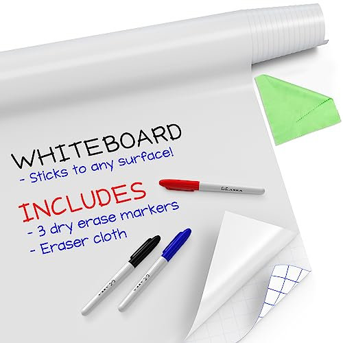 Kassa Große Whiteboard Folie Rolle – 43,94 x 243,84 cm – 3 Folienstifte Trocken Abwischbar Inklusive – Whiteboard Folie Selbstklebend für Kinderzimmer, Kühlschrank & Büro