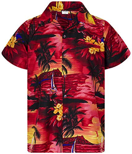 King Kameha Men's Surf-Shirt Short-Sleeve Casual-Button-Down Hawaii-Vacation, Surf, Red, XL