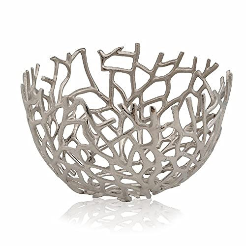 Modern Day Accents Rama Twigs Round Bowl - Silver Aluminium - Coastal, Modern Style - 14 x 14 x 8.5 Inches - 8L Capacity