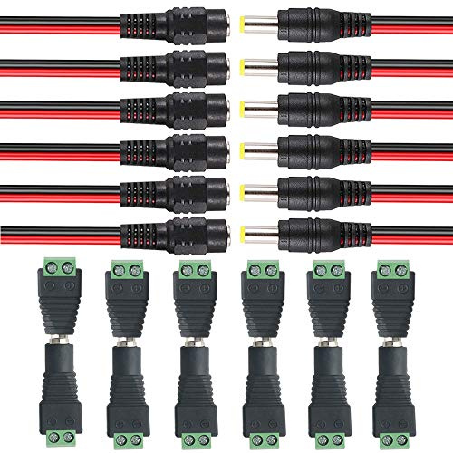 QitinDasen Premium 5.5 X 2.1mm DC Verbinder Kit: 6 Paar Männlich Weiblich DC Power Stecker Buchse Adapter + 6 Paar Männlich Weiblich DC Power Pigtail Kabel, für CCTV Sicherheit Kamera