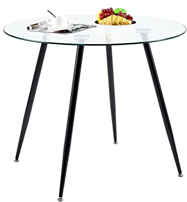 IPOTIUS Mesa de Comedor Redonda de Cristal Mesa de Cocina para 2 4 Personas,Patas de Metal,80X75cm,Negro